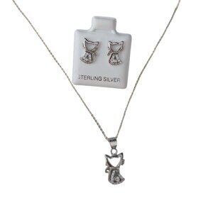 Purr Cat Earring and Necklace 925 Sterling Silver Set